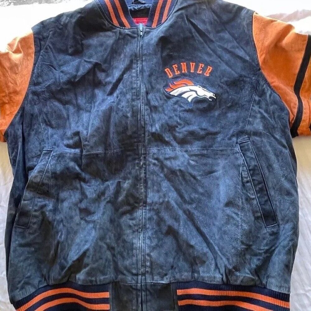 Vintage Denver Broncos Leather Jacket Men's 2XL Black Blue Orange Suede Leather